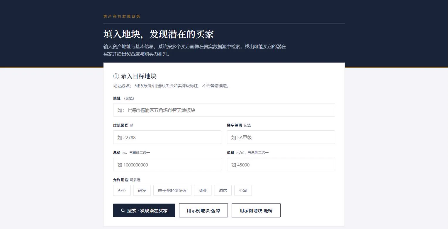 AI 招商的真实录入界面：地址、建筑面积、楼宇等级、总价与单价、允许用途多选，底部是搜索与两个示例地块按钮。